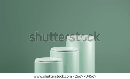 Three Hint of Mint colored cylindrical podiums are arranged in a horizontal row. The steps of the Hint of Mint colored metallic podium.
