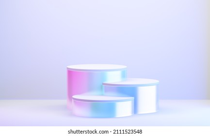 Three Hologram Color Podium Cylinder Display Background Pink Blue Light With Clean Wall In Purple Theme. 3D Illustration Rendering.