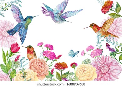 Three Hummingbirds In Flight And Flowers, Illustration Watercolor Hand Painting For Postcard Design