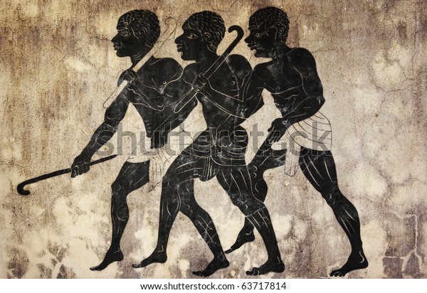 three hunters in primitive style like African mural painting.