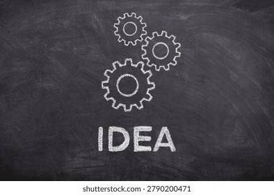Three Interlocking Gears with the Word “IDEA” as Hand-Drawn Chalk Illustration on Blackboard, Minimal Digital Chalkboard Concept Sketch, Idea Process Visualization