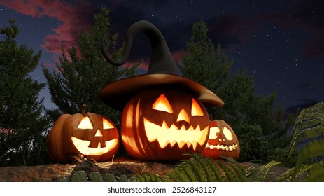 Three jack-o-lanterns with unique facial carvings glow brightly at dusk, decorated with a large witch's hat, nestled among ferns and trees against a darkening sky. 3d render - Powered by Shutterstock