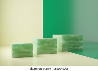 Three jade stone cubes on beige and green background. Best for product presentation. 3d rendered abstract background. - Shutterstock ID 1661045908