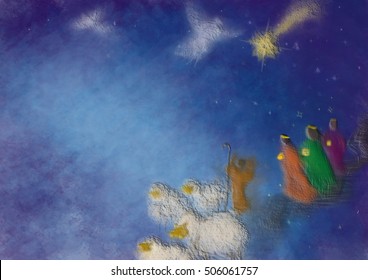 Three kings or three wise men with Christmas star, shepherd with sheep and angels. Bethlehem Christmas nativity scenery, abstract artistic illustration.
