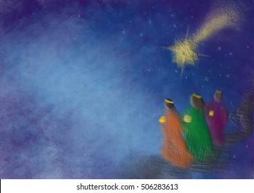 Three Kings Or Three Wise Men With Christmas Star. Christmas Nativity Abstract Artistic Illustration.