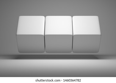Three large white cubes geometric primitives flying over white surface. 3d illustration.