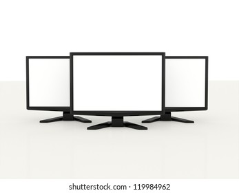 Three LCD Monitors With White Screen On White Background