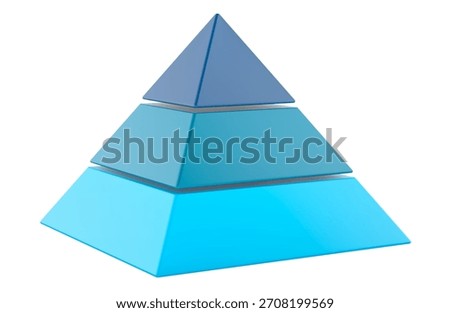 Three level pyramid infographic blocks blue shades. 3D rendering isolated on white background