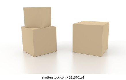 Three light brown 3d blank concept boxes with shadows isolated on white background. Rendered illustration.