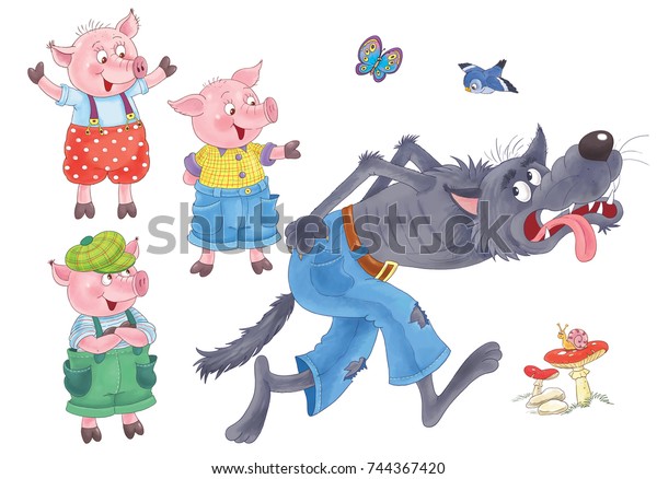 3匹の小さな豚 かわいい幸せな豚と走る狼 おとぎ話 塗り絵 カラーリングページ 子ども向けのイラスト 白い背景におかしな漫画のキャラクター のイラスト素材