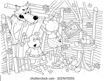 Three Little Pigs. Fairy Tale. Coloring Book. Coloring Page. Cute And Funny Cartoon Characters