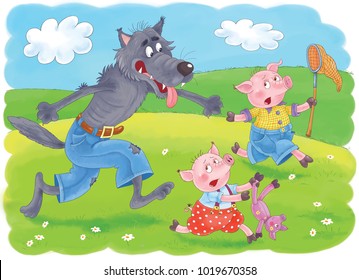 Three Little Pigs. Fairy Tale. Coloring Book. Coloring Page. Cute And Funny Cartoon Characters