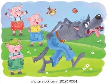 Three Little Pigs. Fairy Tale. Coloring Book. Coloring Page. Cute And Funny Cartoon Characters