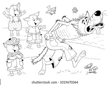 Three Little Pigs. Fairy Tale. Coloring Book. Coloring Page. Cute And Funny Cartoon Characters