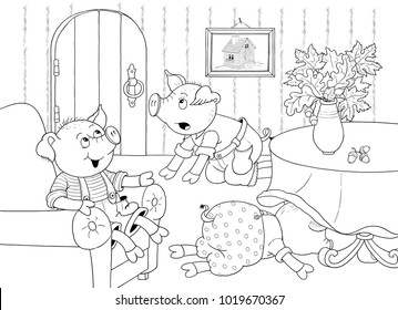 Three Little Pigs. Fairy Tale. Coloring Book. Coloring Page. Cute And Funny Cartoon Characters