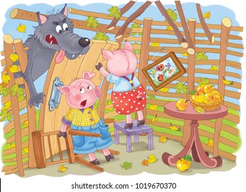 Three Little Pigs. Fairy Tale. Coloring Book. Coloring Page. Cute And Funny Cartoon Characters