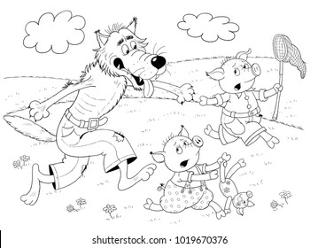 Three Little Pigs. Fairy Tale. Coloring Book. Coloring Page. Cute And Funny Cartoon Characters