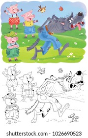 Three Little Pigs. Fairy Tale. Coloring Book. Coloring Page. Cute And Funny Cartoon Charactres