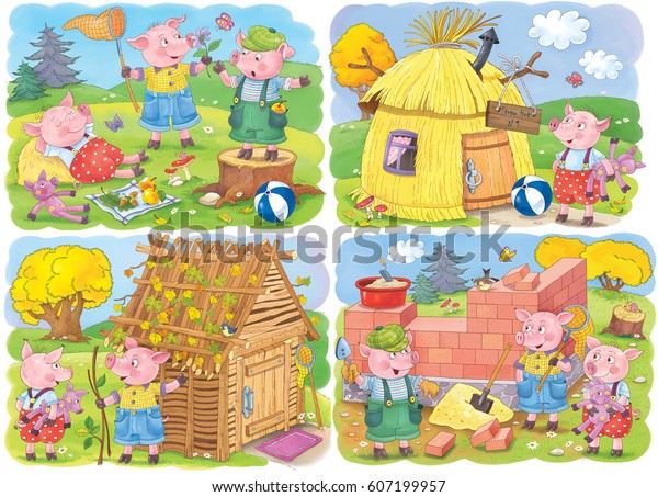 3匹の小さな豚 4ページ おとぎ話 塗り絵 カラーリングページ 子ども向けのイラスト かわいくて面白い漫画のキャラクター のイラスト素材