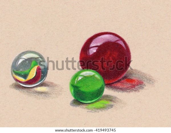 Three Marbles Realism Color Pencil Drawing Stock Illustration 419493745