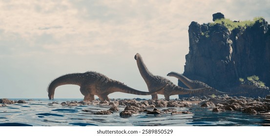 Three massive dinosaurs wade through shallow waters at a rocky shoreline. Their long necks stretch gracefully towards the horizon. This is a 3d render illustration