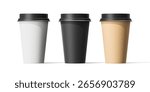 Three medium-sized paper cups with a black lid with coffee on a white background. Mock up. 3d rendering