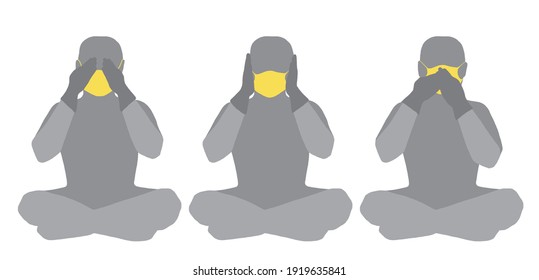 Three men  the concept three monkeys    see no evil  hear no evil  speak no evil  using medical masks    allegory don't see  don't hear  don't speak    ignore problems about Covid  19 in yellow    gray 