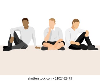 Three men sitting on the ground in different poses