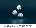 Three metal dice puzzle objects with question marks falling on the floor under a spotlight. Dark blue-black background. Gambling, analysis and strategy. Object with clipping path. 3D Illustration.