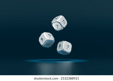 Three metal dice puzzle objects with question marks falling on the floor under a spotlight. Dark blue-black background. Gambling, analysis and strategy. Object with clipping path. 3D Illustration.