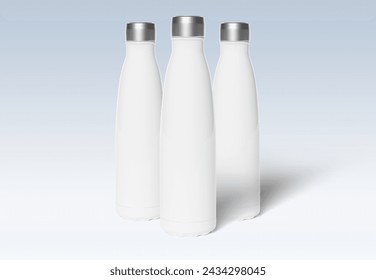Three metal water bottles mockup on white background. Blank sport insulated drink template
