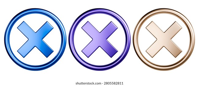 Three Metallic Cross Marks inside Circles Blue Purple Gold Isolated Object