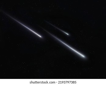 Three Meteors In The Night Sky With Stars. Fall Of Meteorites. Meteor Trails. Shooting Stars 3d Illustration.