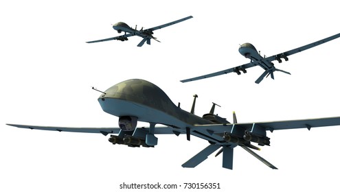 Three Military Surveillance Drones Armed With Hellfire Missiles. Yellow Camouflage. 3d Render.