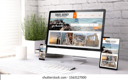 Three Mockup Devices Showing Travel Agency Website On A Desktop 3d Rendering