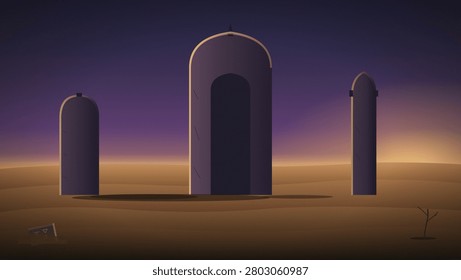 Three monolithic arched structures stand isolated across a barren desert landscape under a gradient twilight sky transitioning from deep purple to warm orange, evoking a haunting sense of solitude and mystery.