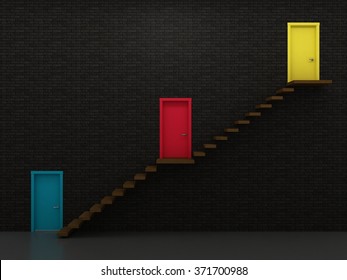 Three multi-colored door entrances at different levels, growth chart.