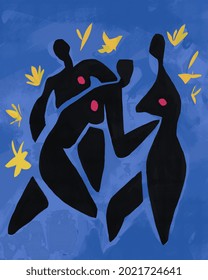 Three Mysterious figures with hearts filled with emotion. Painted on a blue background under a flowery night. Art collage painting inspired by the 1940s and Matisse art. For decoration and print.