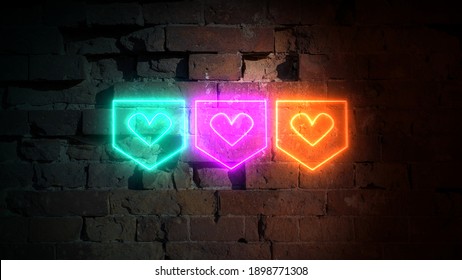  Three Neon Glowing Buttons With A Heart For Social Networks On A Brick Wall. Neon Instagram Like Icon Illustration.