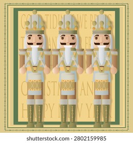Three nutcracker soldiers are standing in a row in front of a Christmas card
