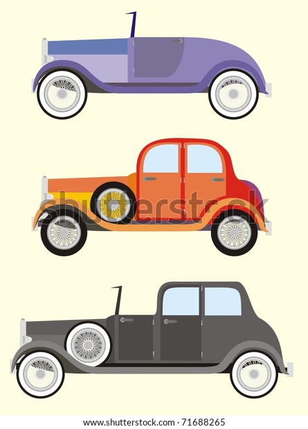 Three old / classic\
/ vintage colorful passenger cars isolated on light yellow - raster\
cartoon\
illustration