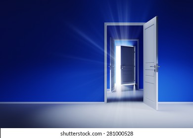 Three Open White Doors On The Blue Wall. Rays Of Light Shine Through The Open Door.