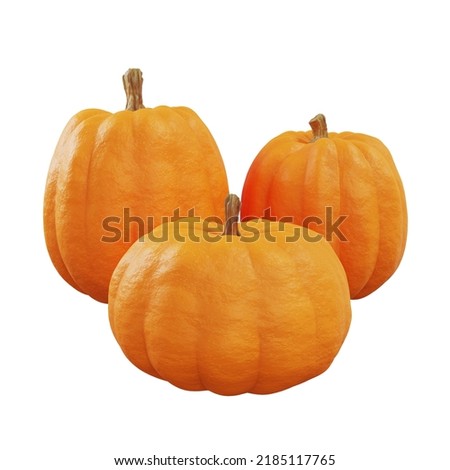 Three orange pumpkins on a transparent background. Large and small pumpkins. Halloween pumpkins. Autumn mood. Farm natural vegetables. Isolate. Pumpkin icon. 3d illustration. 3d rendering.