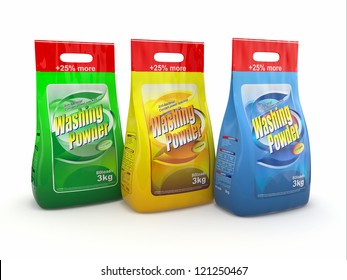 Three Pack Of Washing Powder On White Background. 3d