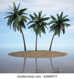 Three Palms On A Desert Island. 3d Image.