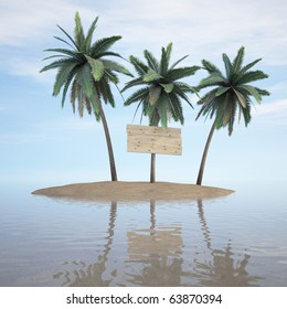 Three Palms On A Desert Island. 3d Image. One Palm Tree Nailed Billboard