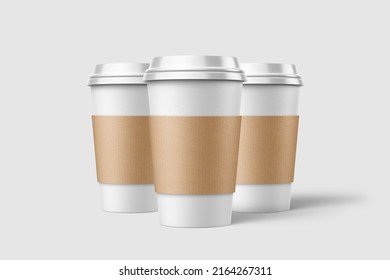 Three Paper Coffee Cup With Sleeve Mockup Template, Isolated On Light Grey Background. High Resolution 3D Illustration.