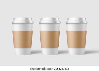 Three Paper Coffee Cup With Sleeve Mockup Template, Isolated On Light Grey Background. High Resolution 3D Illustration.