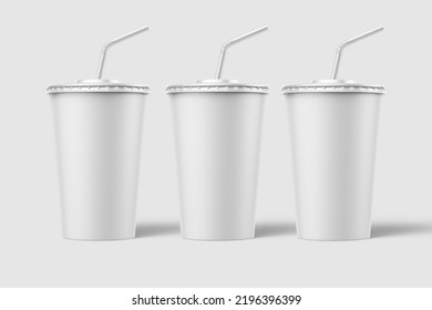 Three Paper Soda Cup With Straw Mockup Template, Isolated On Light Grey Background. High Resolution 3D Illustration.