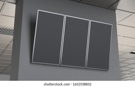 Three Part Blank Supermarket TV. Flat Smart TV Mockup With Blank Screen Hanging. 3D Rendering